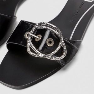 Zara Black Flat Leather Slides